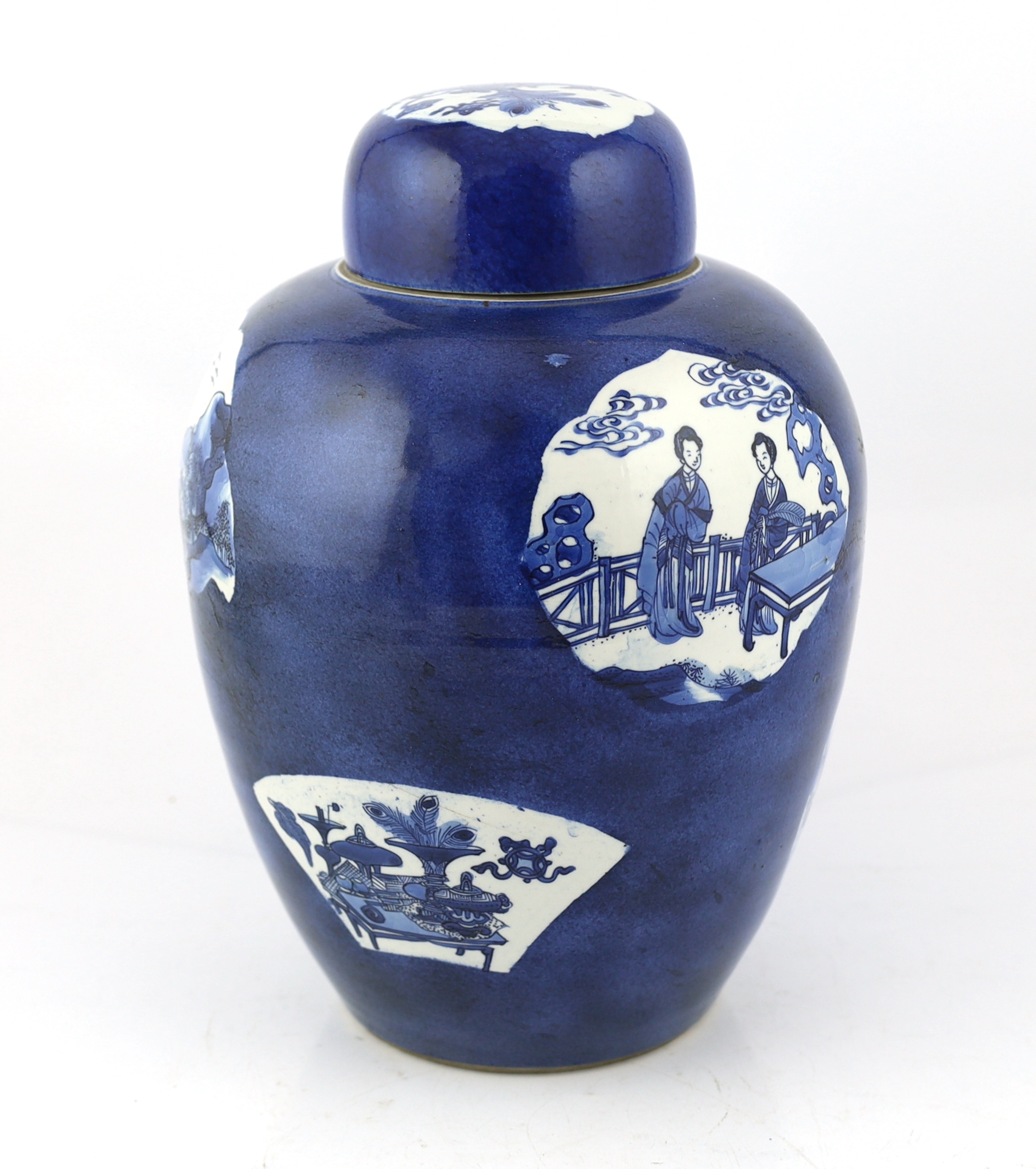 A large Chinese powder blue jar and cover, Kangxi period, cracked and a section glued